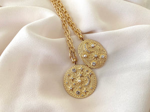Gold Filled Sun Moon and Stars Coin Pendant Necklaces - Pearls and CZ Crystals