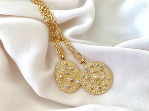 Gold Filled Sun Moon and Stars Coin Pendant Necklaces - Pearls and CZ Crystals