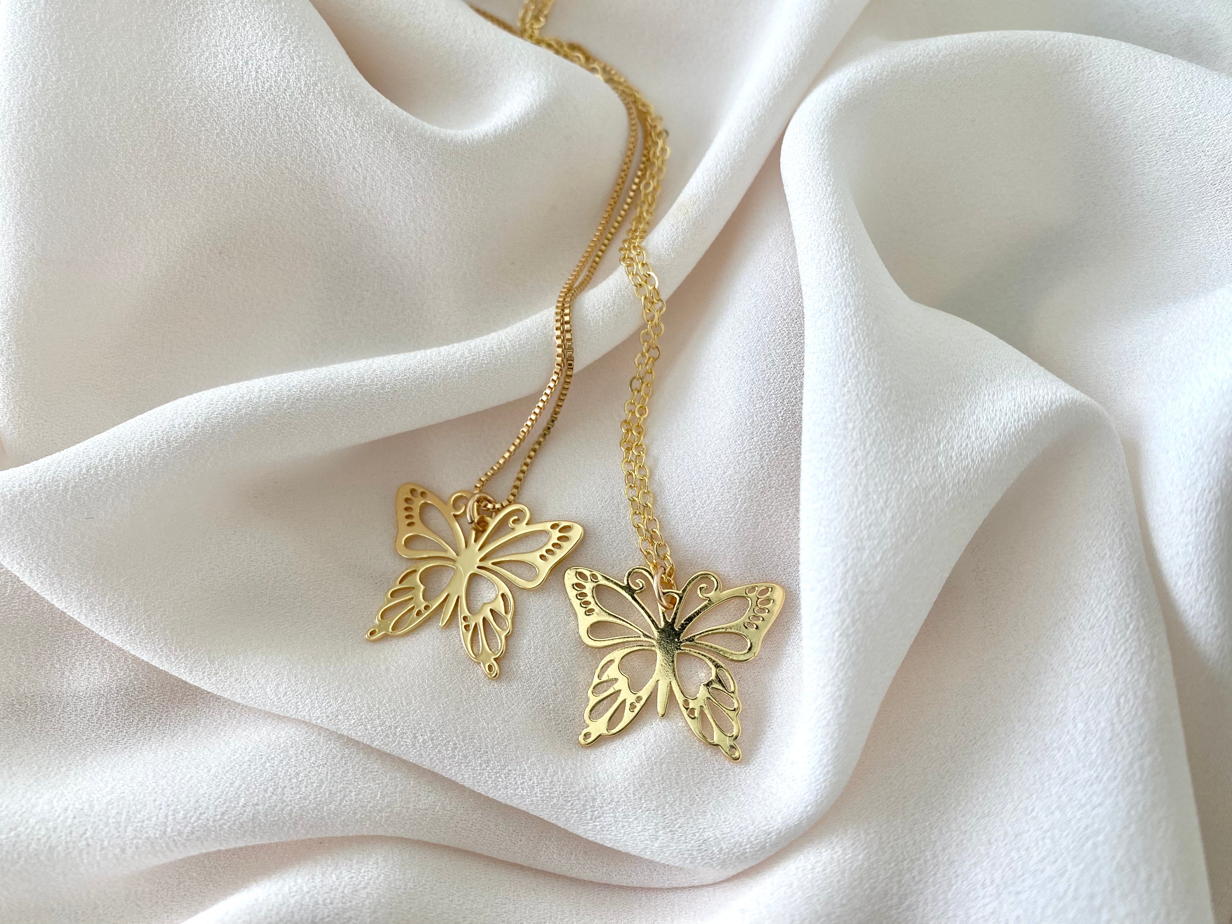 Gold Filled Butterfly Charm Necklace - Box Chain - Butterflies Pendant