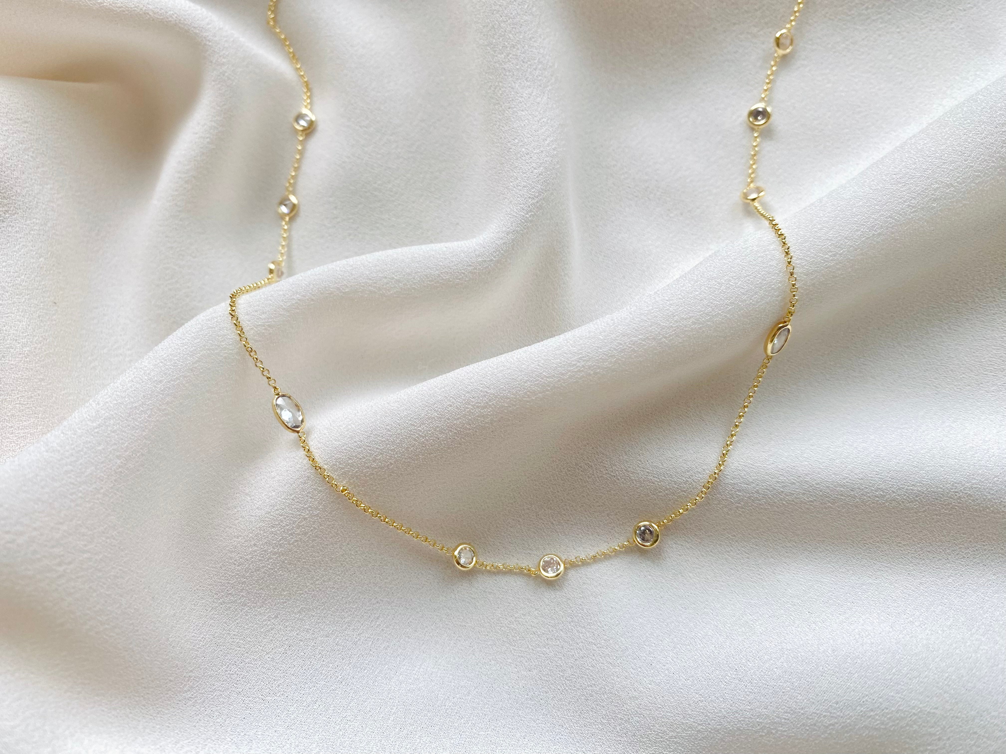 Ultra Dainty CZ adorned Chain Necklace - Gold Filled Rolo Chain - April Birthstone