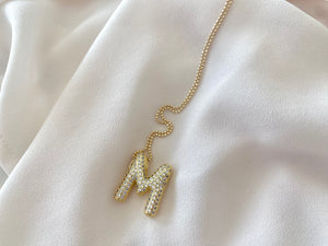 Gold Filled Chubby Bubble Letter Micro Pave Necklace - April Birthstone