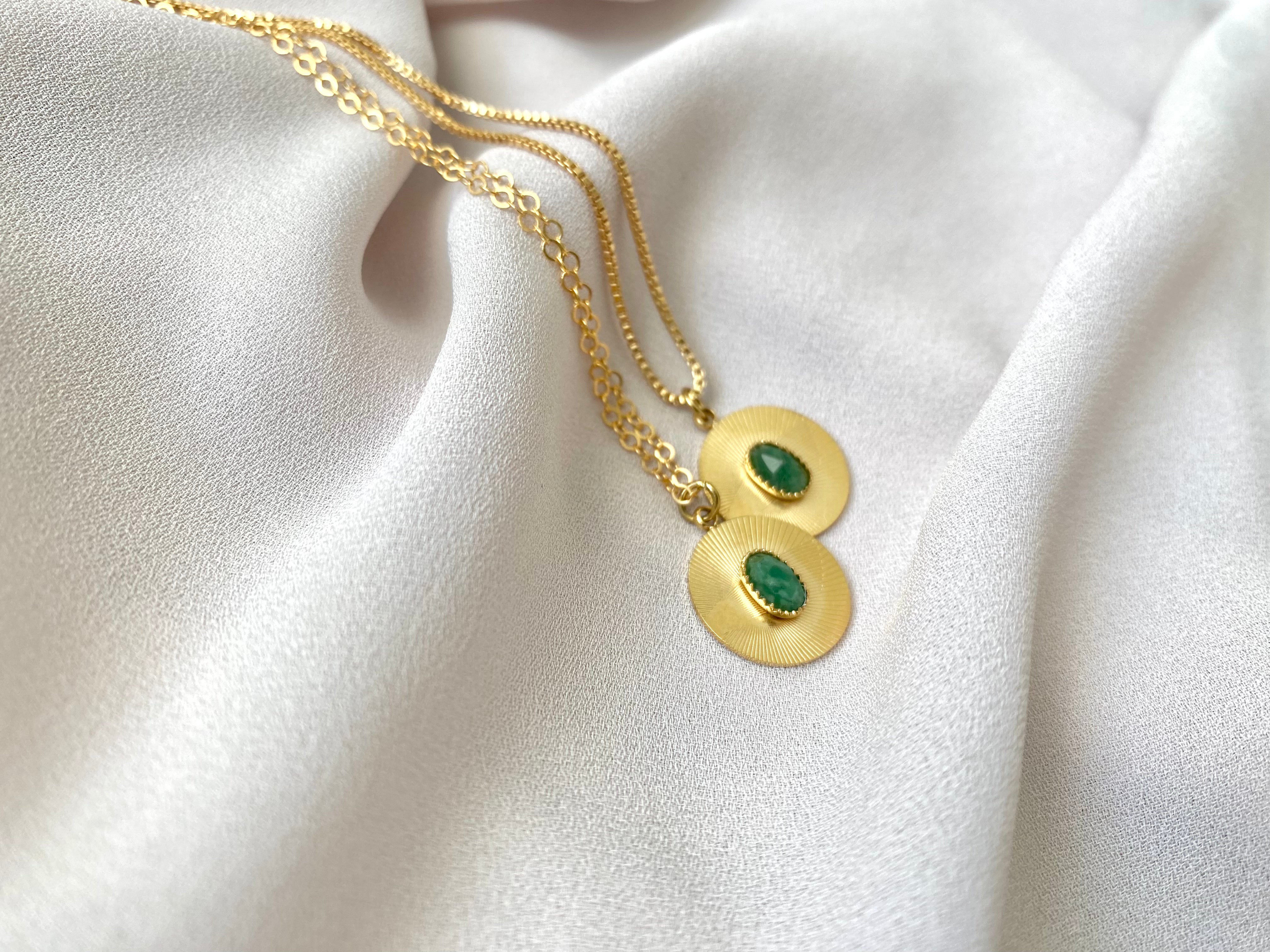 Dainty Aventurine Etched Coin Necklace - Gold Filled Stainless Steel Gemstone Jewelry