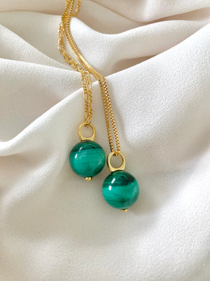 Genuine Malachite Gemstone Ball Pendant Necklace - Gold Filled Figaro or Box Chain