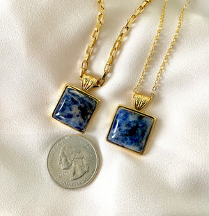 Blue Sodalite Square Cushion Medallion Necklace - Gold Filled Paperclip Chain