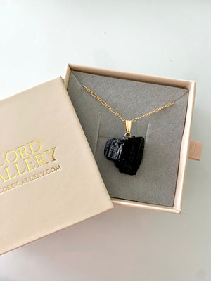 Chunky Raw Black Tourmaline Pendant Necklace - Gold Filled Chain