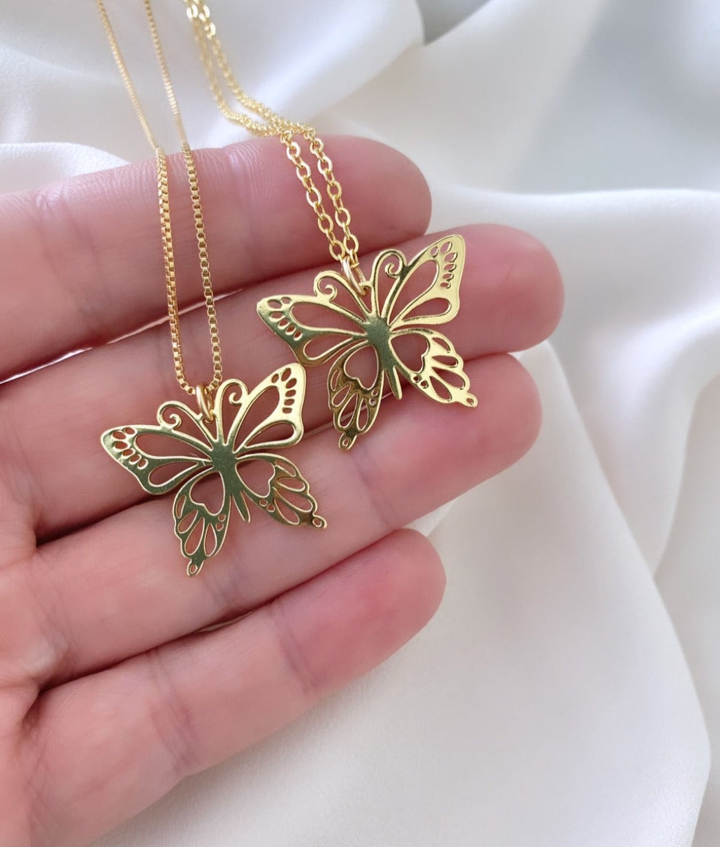 Gold Filled Butterfly Charm Necklace - Box Chain - Butterflies Pendant
