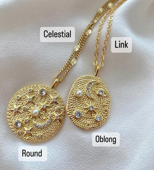 Gold Filled Sun Moon and Stars Coin Pendant Necklaces - Pearls and CZ Crystals