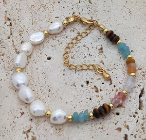 Keshi Pearl + Gemstone Bracelet - Gold Filled Mariner Chain Bracelet - Rolo Bracelet - Paperclip Chain