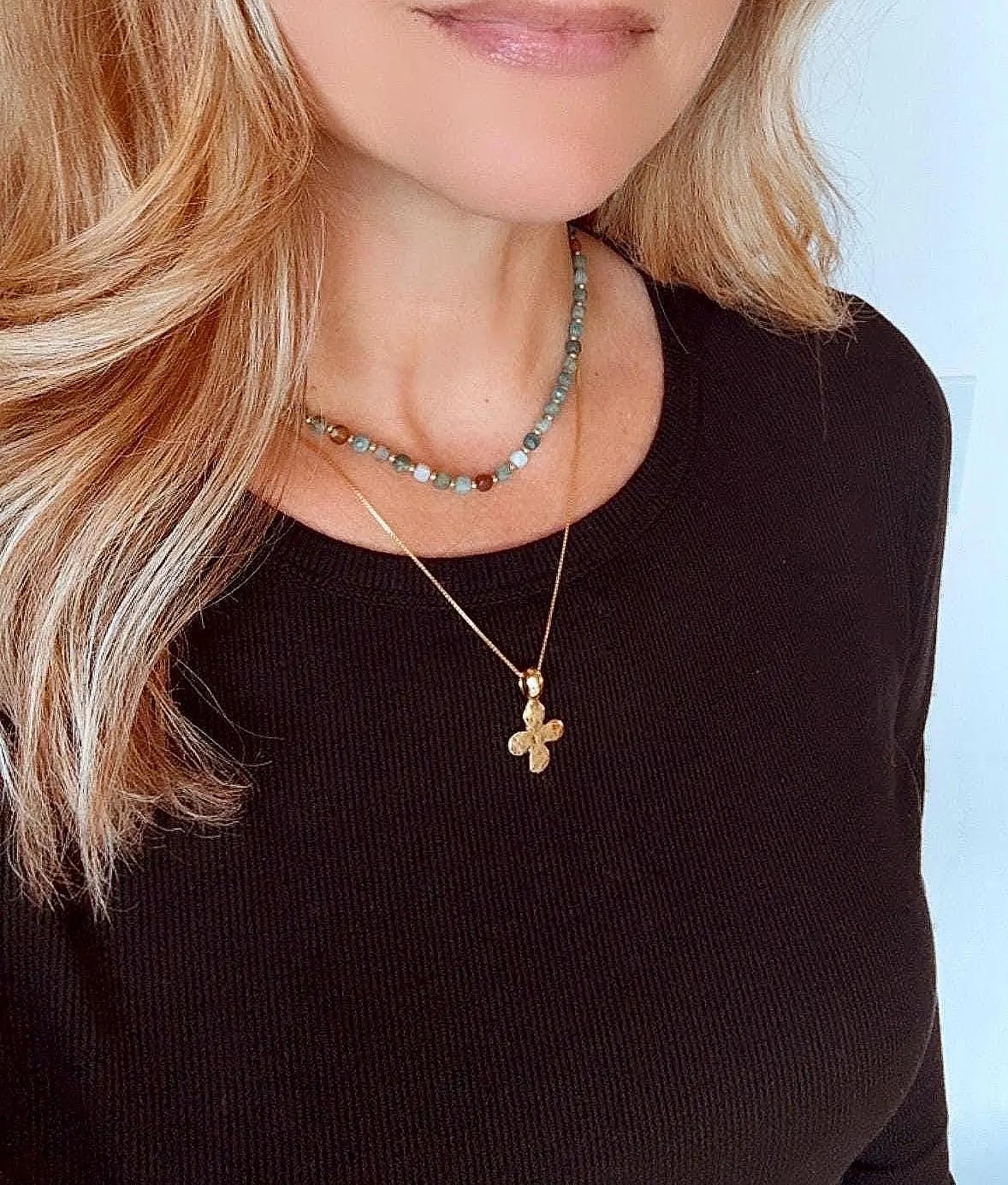 Genuine Moss Agate Beaded Necklace with Large Gold Carabiner Charm Clasp