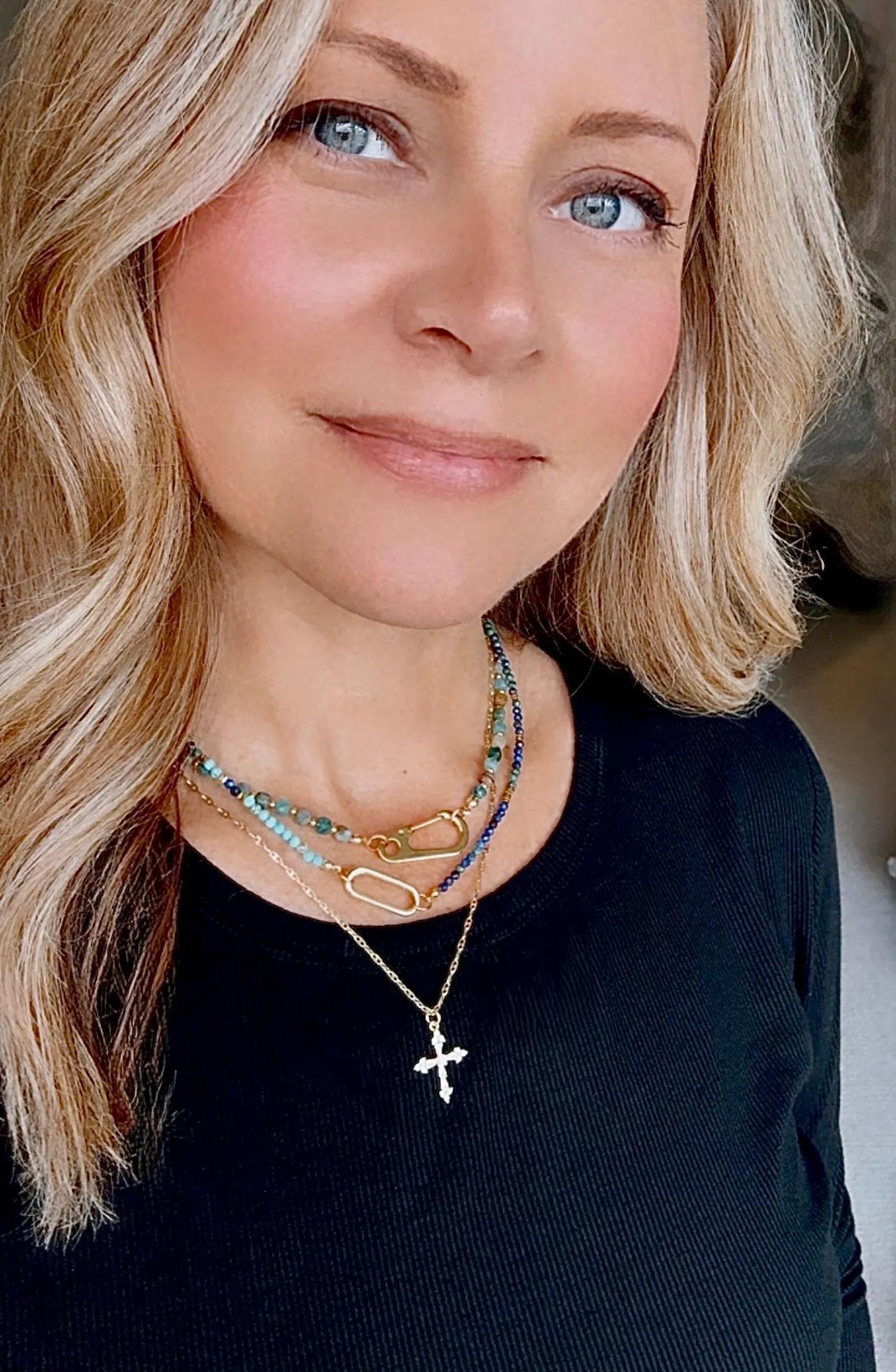 Dainty Beaded Turquoise Lapis Lazuli Malachite Necklace - Gold Filled Charm Clasp Carabiner