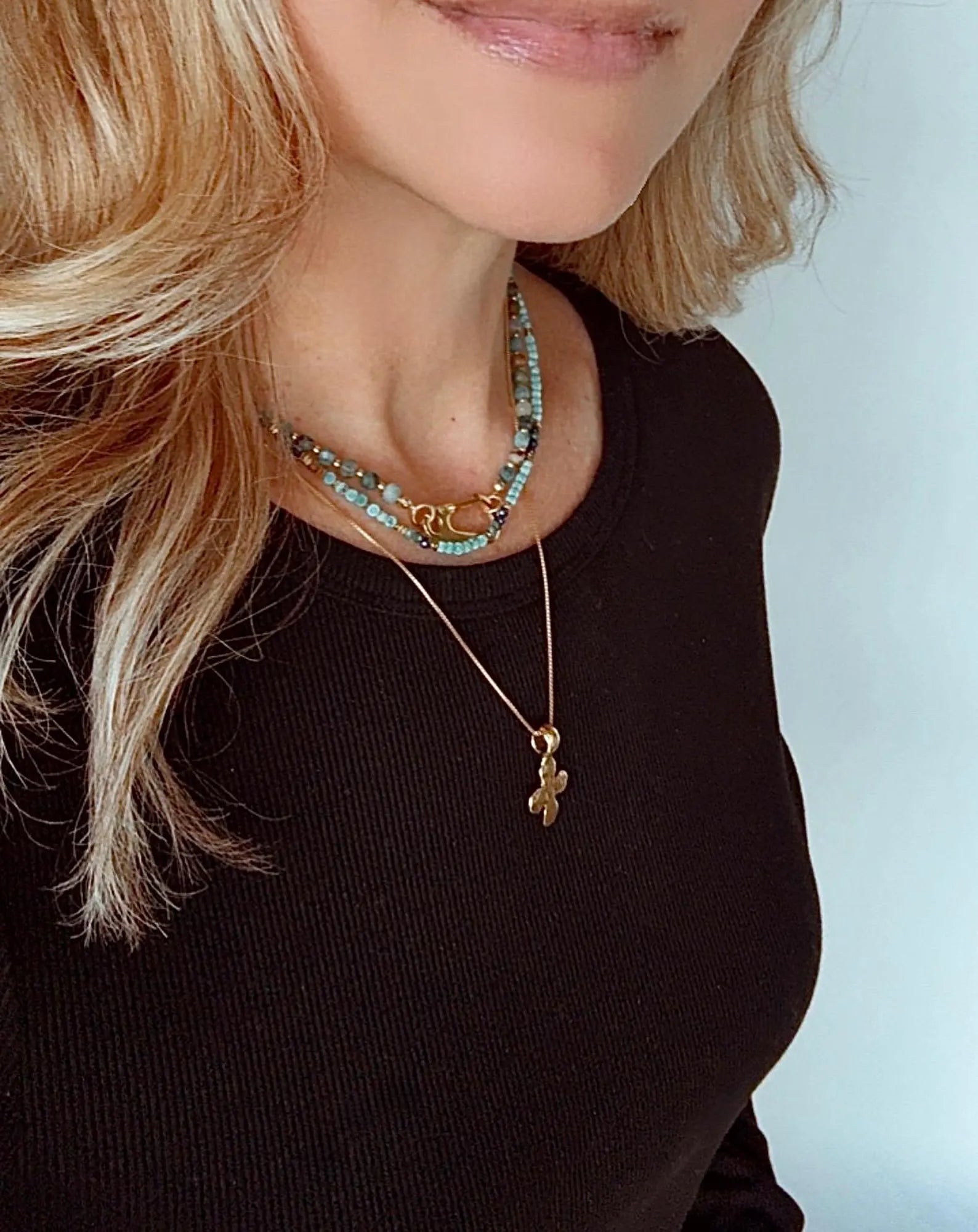 Dainty Beaded Turquoise Lapis Lazuli Malachite Necklace - Gold Filled Charm Clasp Carabiner