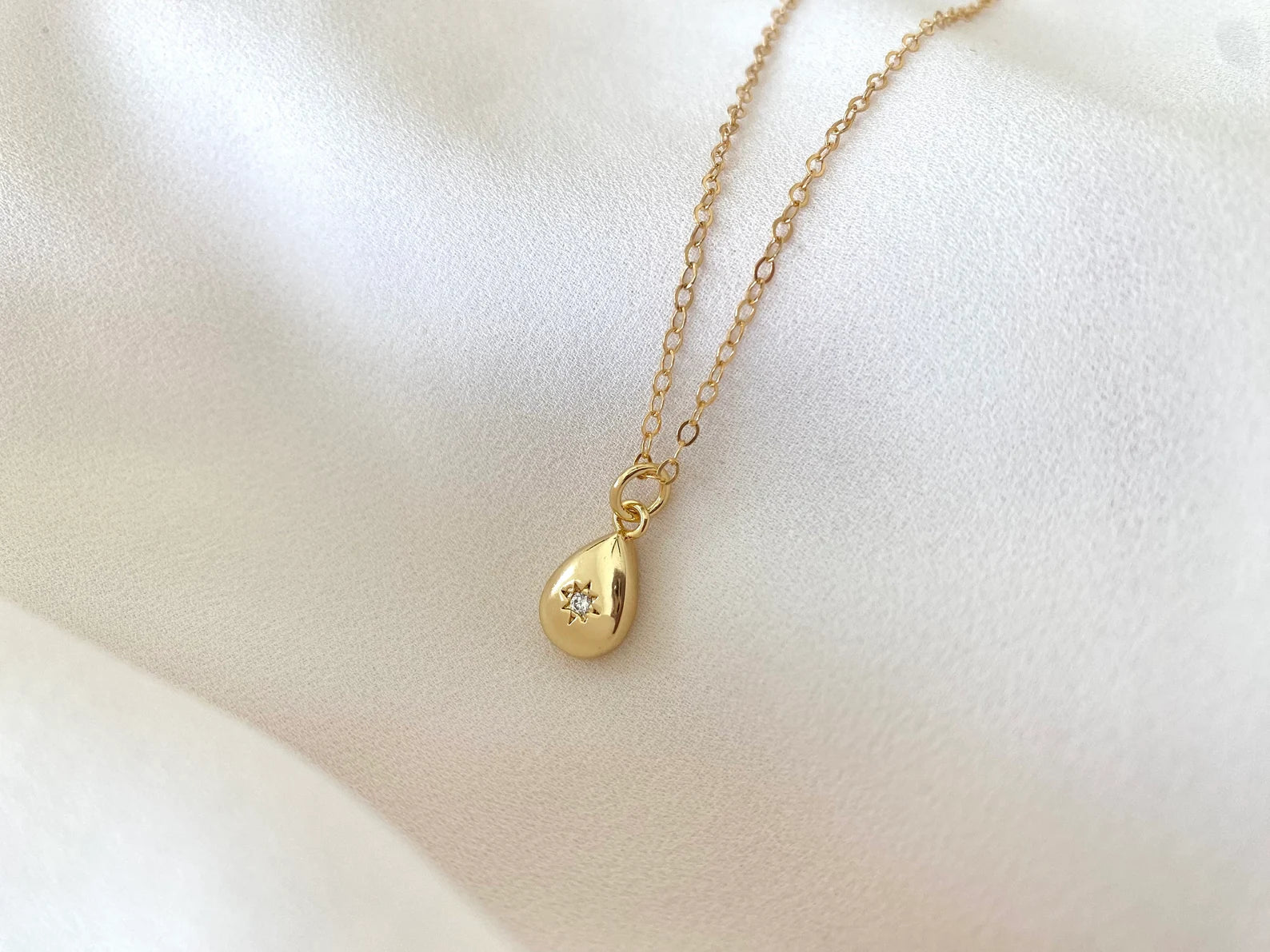 Dainty Gold Filled Teardrop Pendant Necklace with Tiny CZ Crystal Star Gift