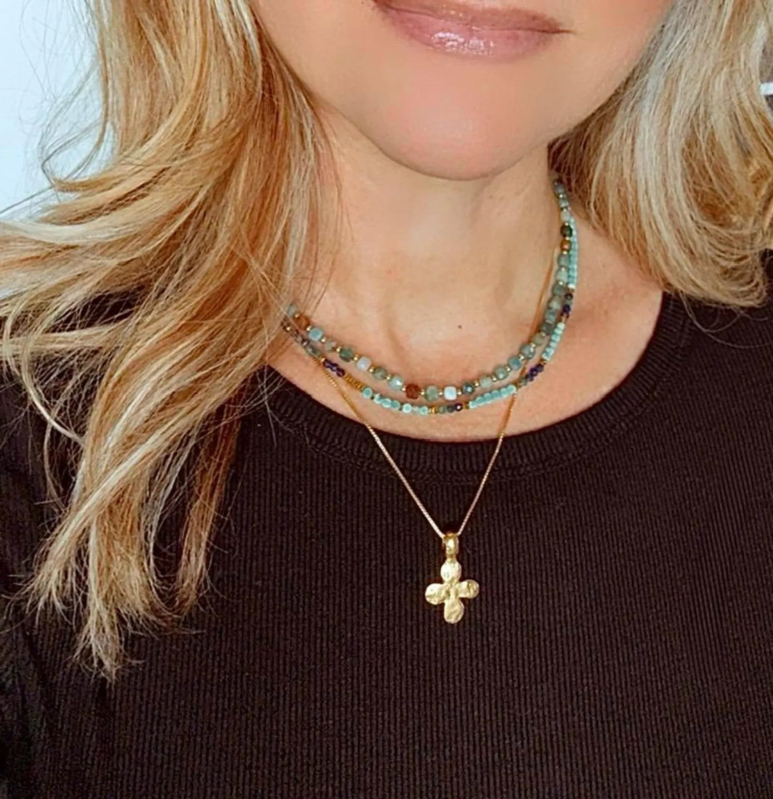 Dainty Beaded Turquoise Lapis Lazuli Malachite Necklace - Gold Filled Charm Clasp Carabiner