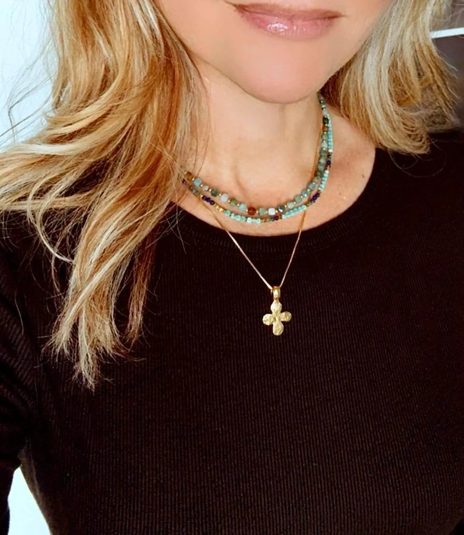 Dainty Beaded Turquoise Lapis Lazuli Malachite Necklace - Gold Filled Charm Clasp Carabiner