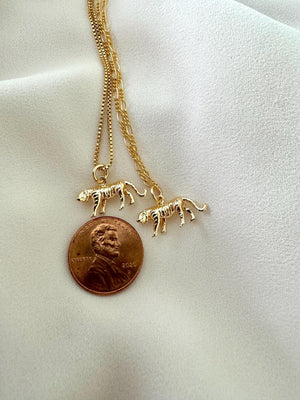 Gold Filled Tiger Pendant Necklace - Box Chain - Figaro Chain