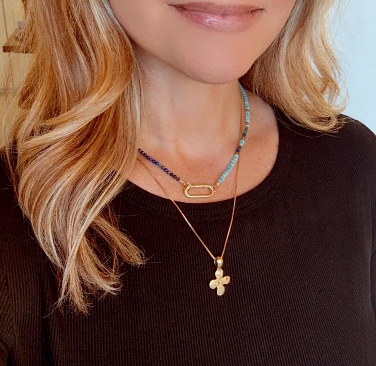 Dainty Beaded Turquoise Lapis Lazuli Malachite Necklace - Gold Filled Charm Clasp Carabiner