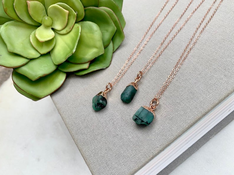 Genuine Raw Emerald Necklace - Rose Gold Filled