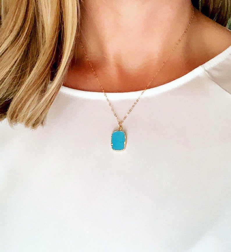 Genuine Blue Turquoise Pendant Necklace