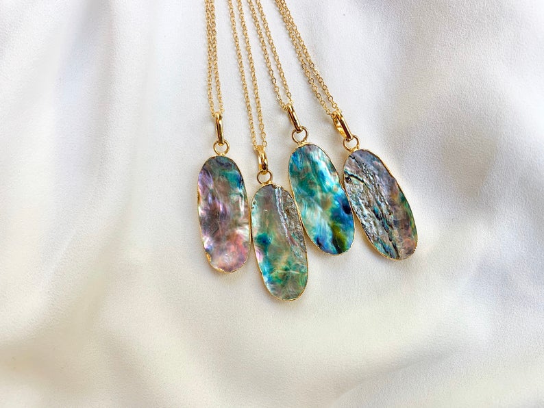 Abalone Oval Pendant Necklace - Beachy Jewelry - Gold Filled Chain