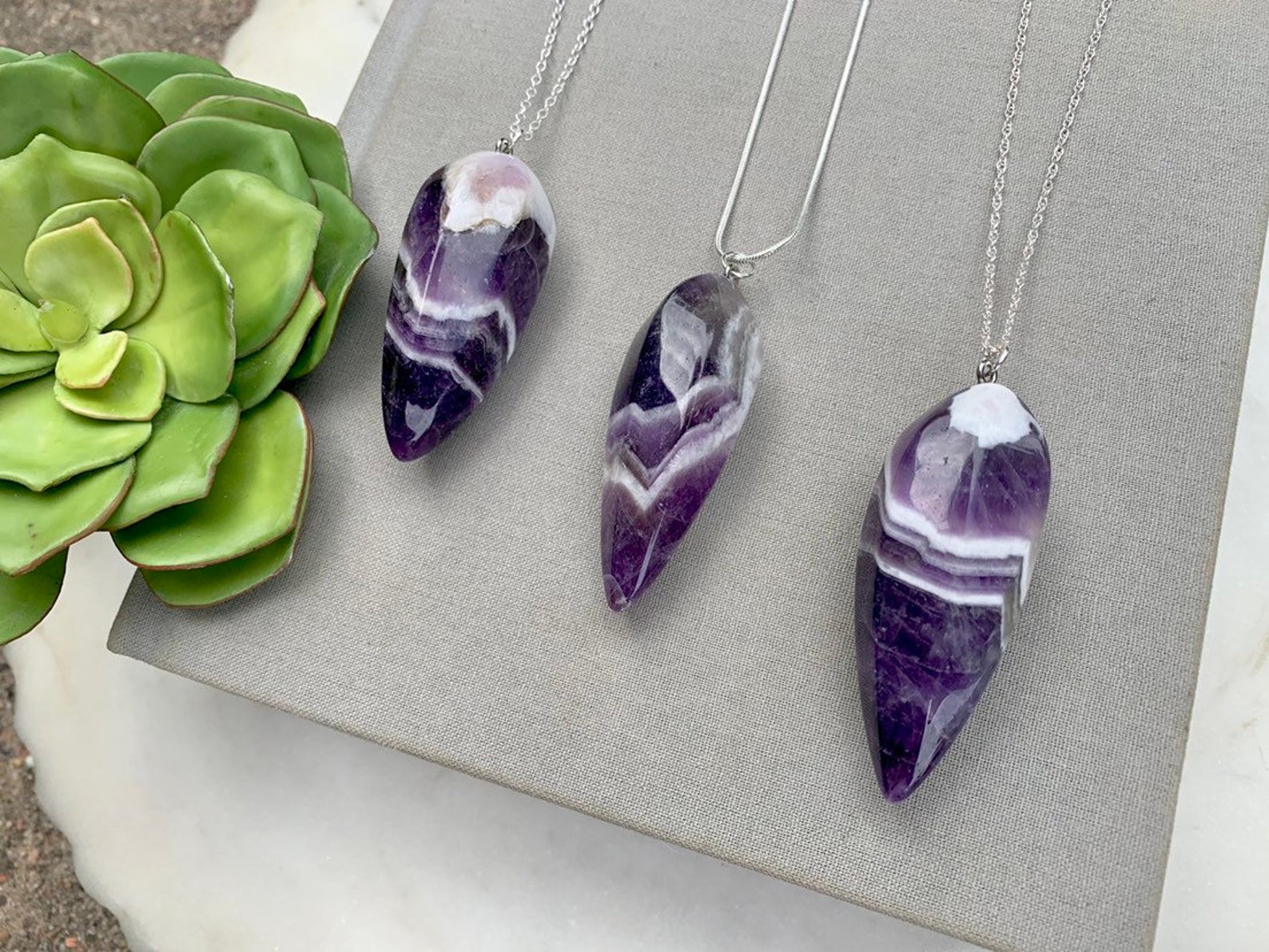 Genuine Large Chevron Amethyst Necklace - Sterling Silver