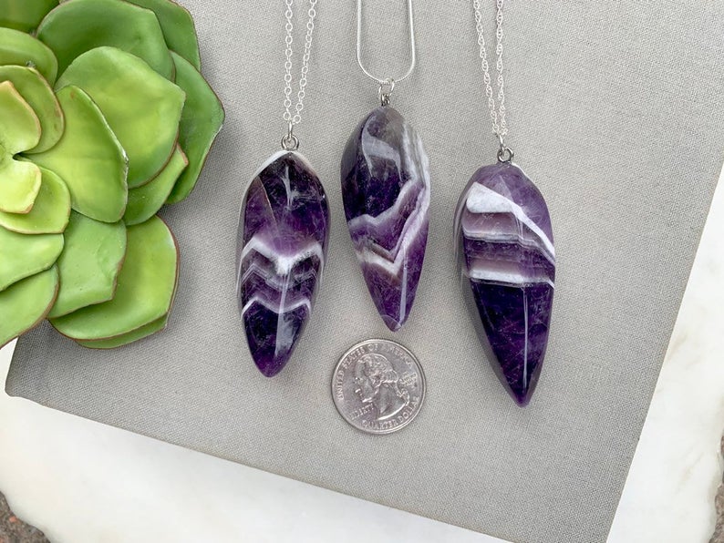 Genuine Large Chevron Amethyst Necklace - Sterling Silver