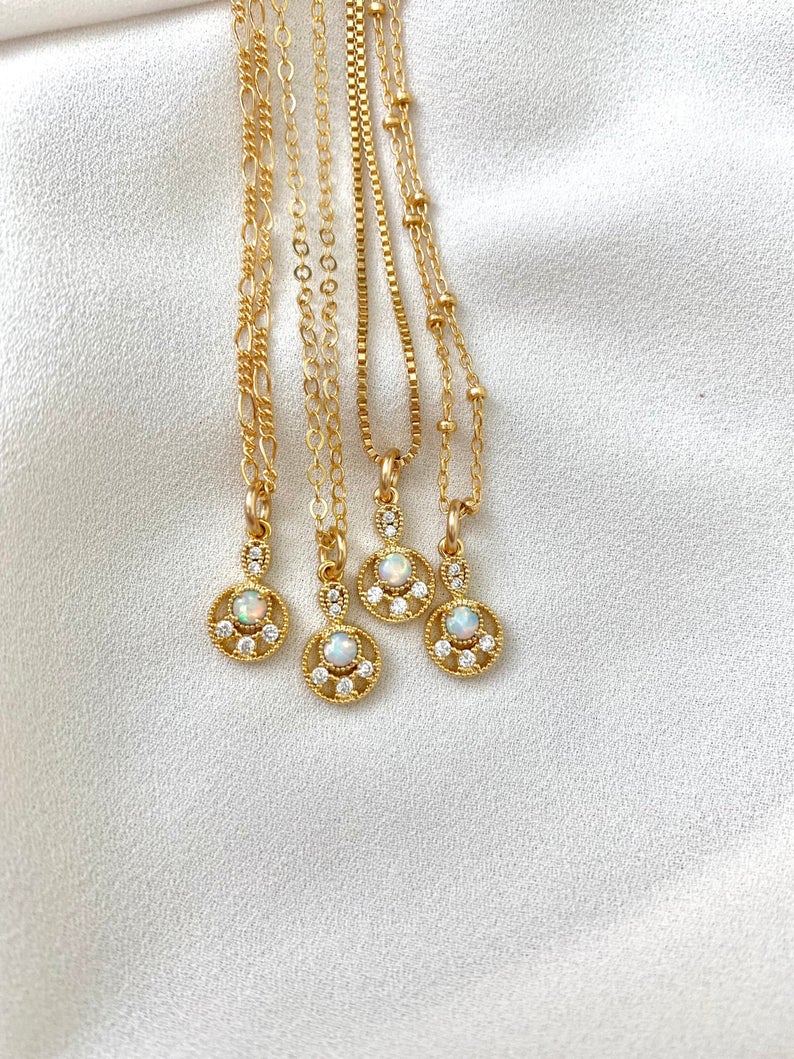Ultra Dainty Opal Pendant Necklace - Art Deco Style Jewelry - October Birthstone