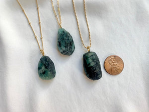 Chunky Raw Emerald Pendant Necklace - May Birthstone