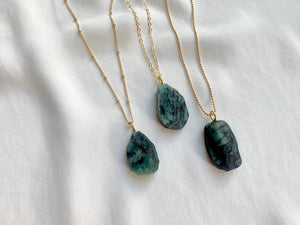 Chunky Raw Emerald Pendant Necklace - May Birthstone