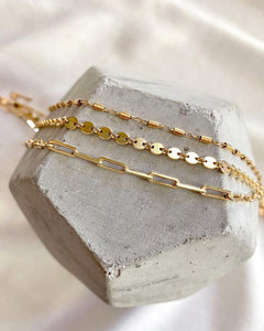 Gold Filled Layering Chain Necklaces - Paperclip Chain - Disc Chain - Cylinder Bars Chain