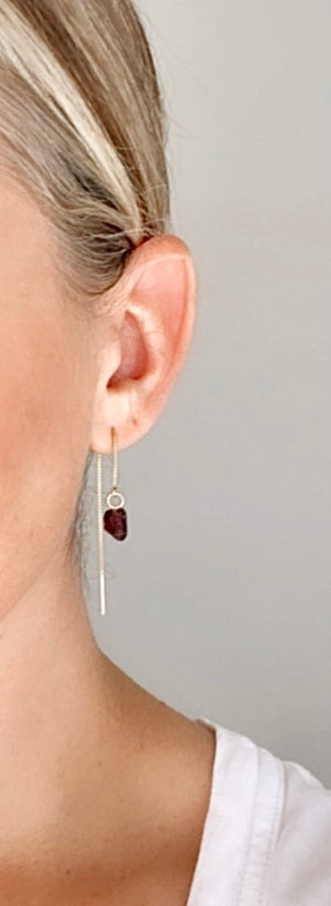 Dainty Garnet Threader Earrings - Gold Filled Box Chain - January Birthstone