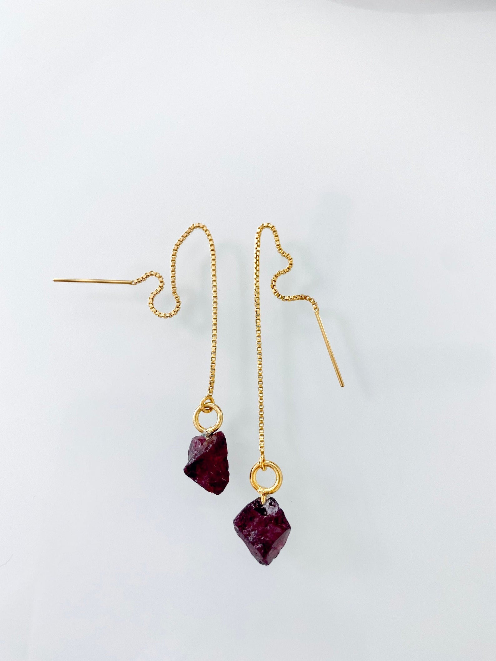 Dainty Garnet Threader Earrings - Gold Filled Box Chain - January Birthstone