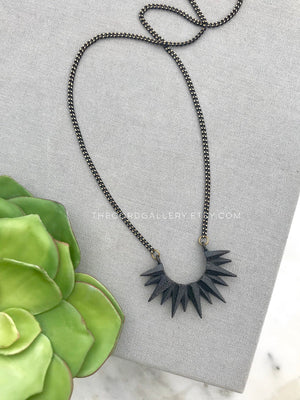 Black Crescent Sun Necklace - Oxidized Brass