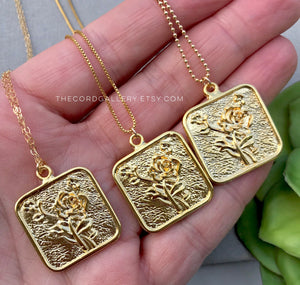 Gold Flower Square Medallion Necklace