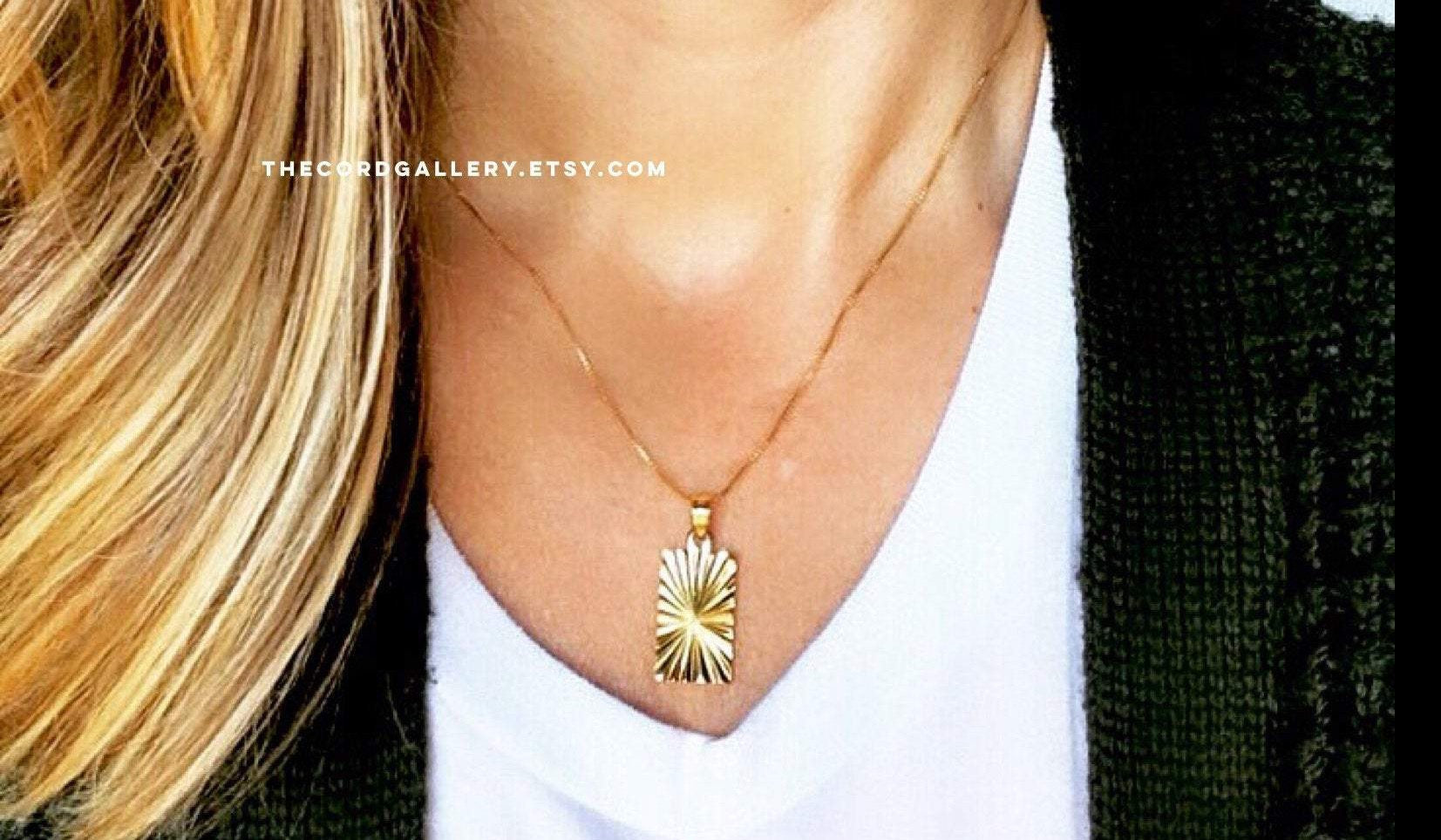 Gold Filled Starburst Rectangle Medallion Necklace - Sunburst