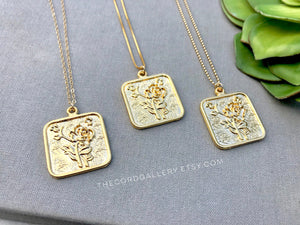 Gold Flower Square Medallion Necklace
