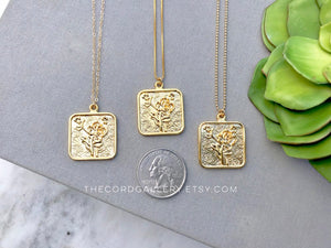 Gold Flower Square Medallion Necklace