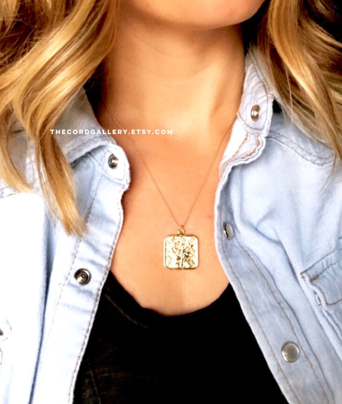 Gold Flower Square Medallion Necklace