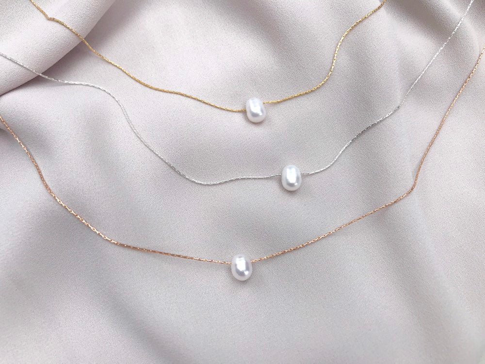 Buy 14kt. Gold Pearl Necklace With Single White Pearl Pendant, Floating  Pearl Necklace, White Pearl Pendant, Bridesmaid Gift of Love Online in  India - Etsy