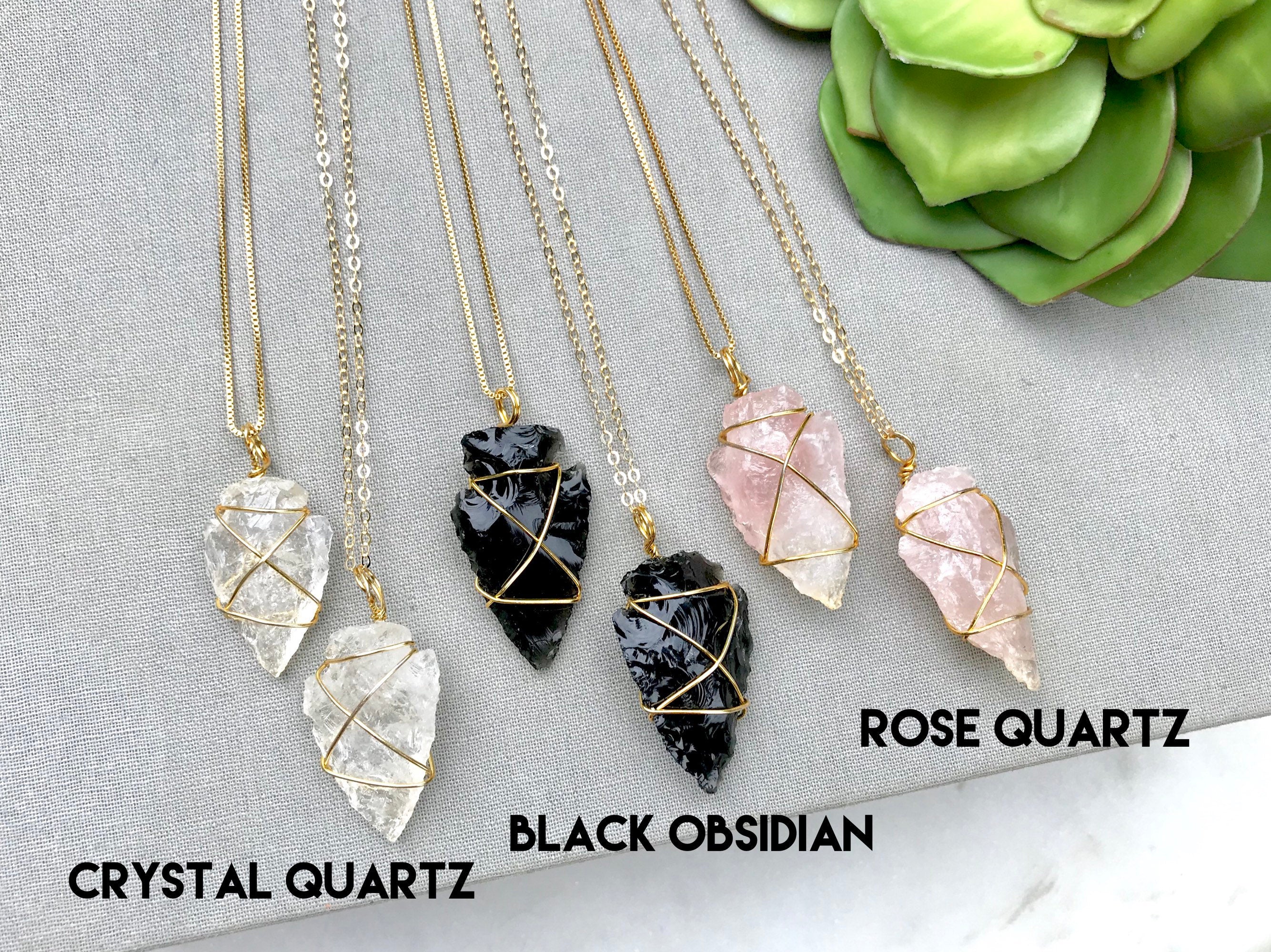 Gemstone Arrowhead Necklace - Rose Quartz - Black Obsidian - Crystal Arrowhead