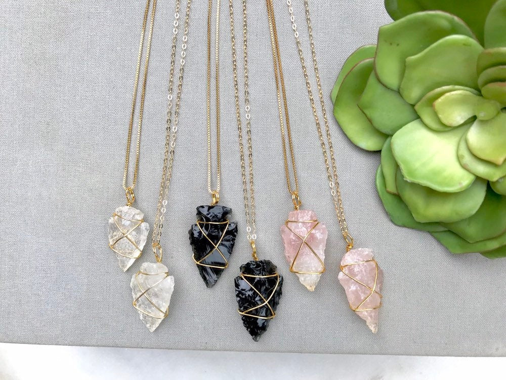Gemstone Arrowhead Necklace - Rose Quartz - Black Obsidian - Crystal Arrowhead