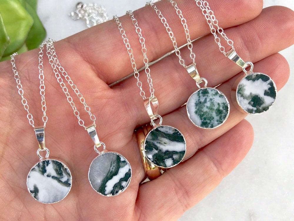 Genuine Tree Moss Agate Pendant Necklace - Silver