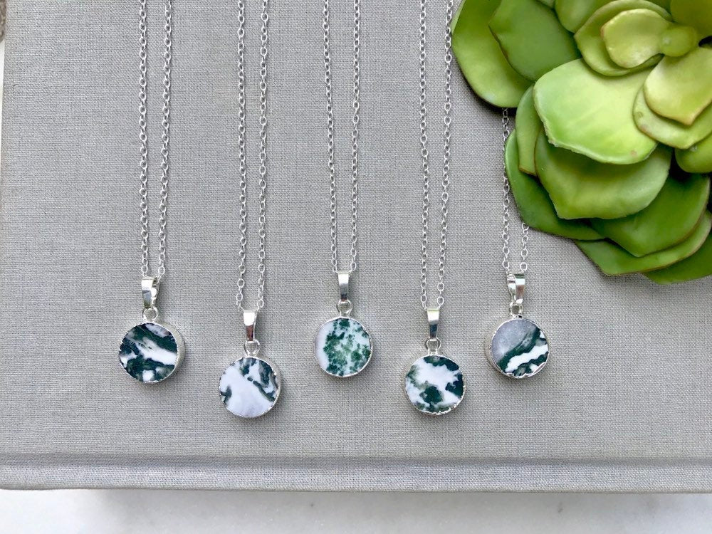 Genuine Tree Moss Agate Pendant Necklace - Silver