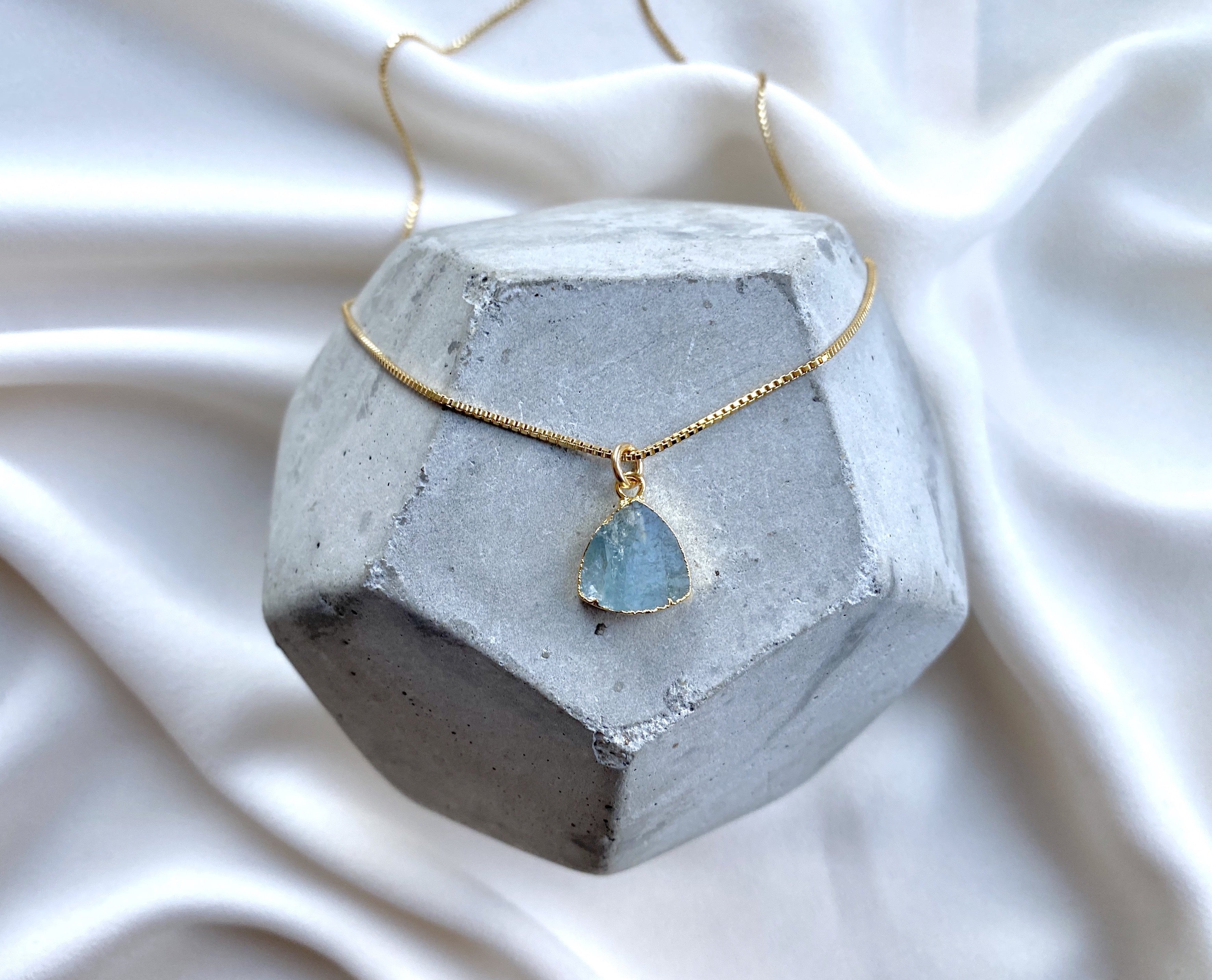 Raw Aquamarine Geometric Triangle Pendant Necklace - March Birthstone