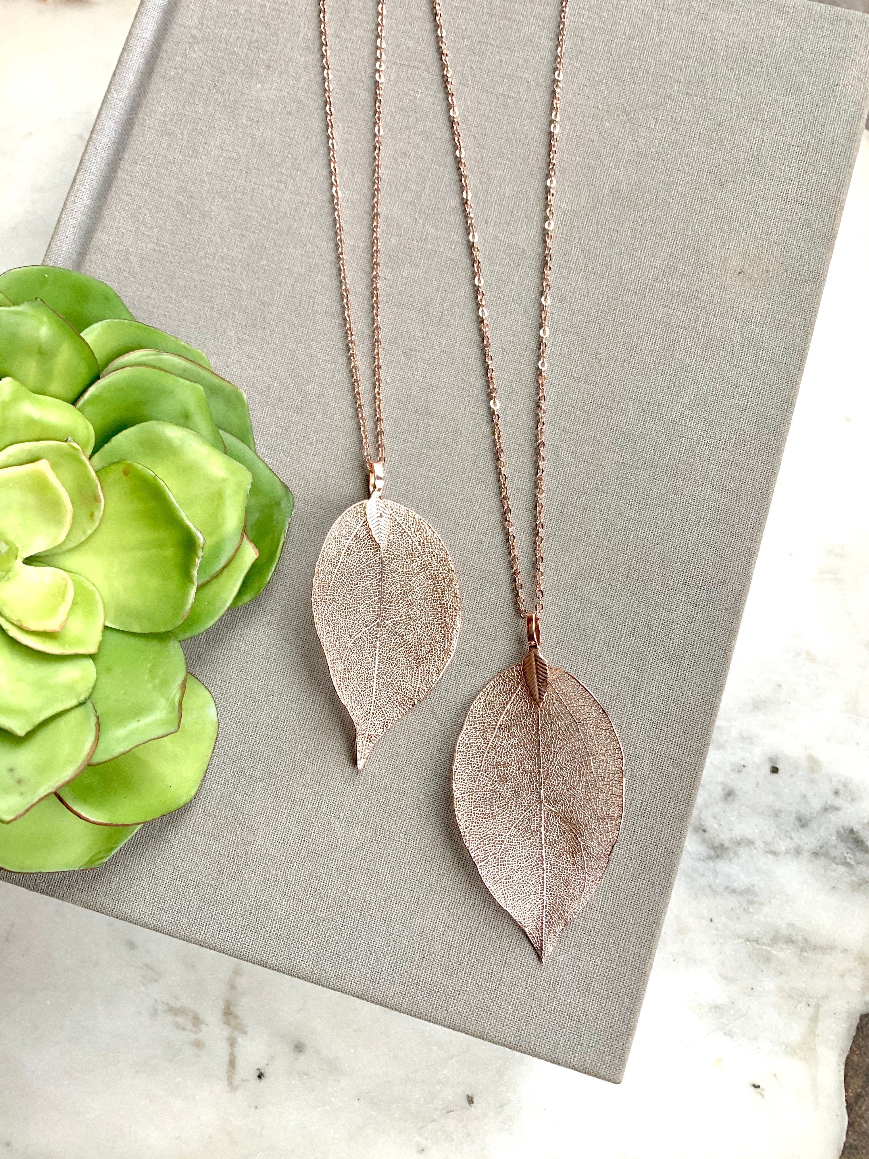 Rose Gold Large Leaf Pendant Necklace