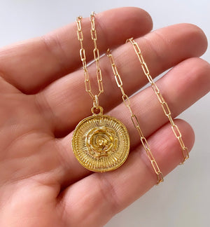 Gold 3D Rose Flower Medallion Necklace - Gold Filled Paperclip Box Figaro Chain