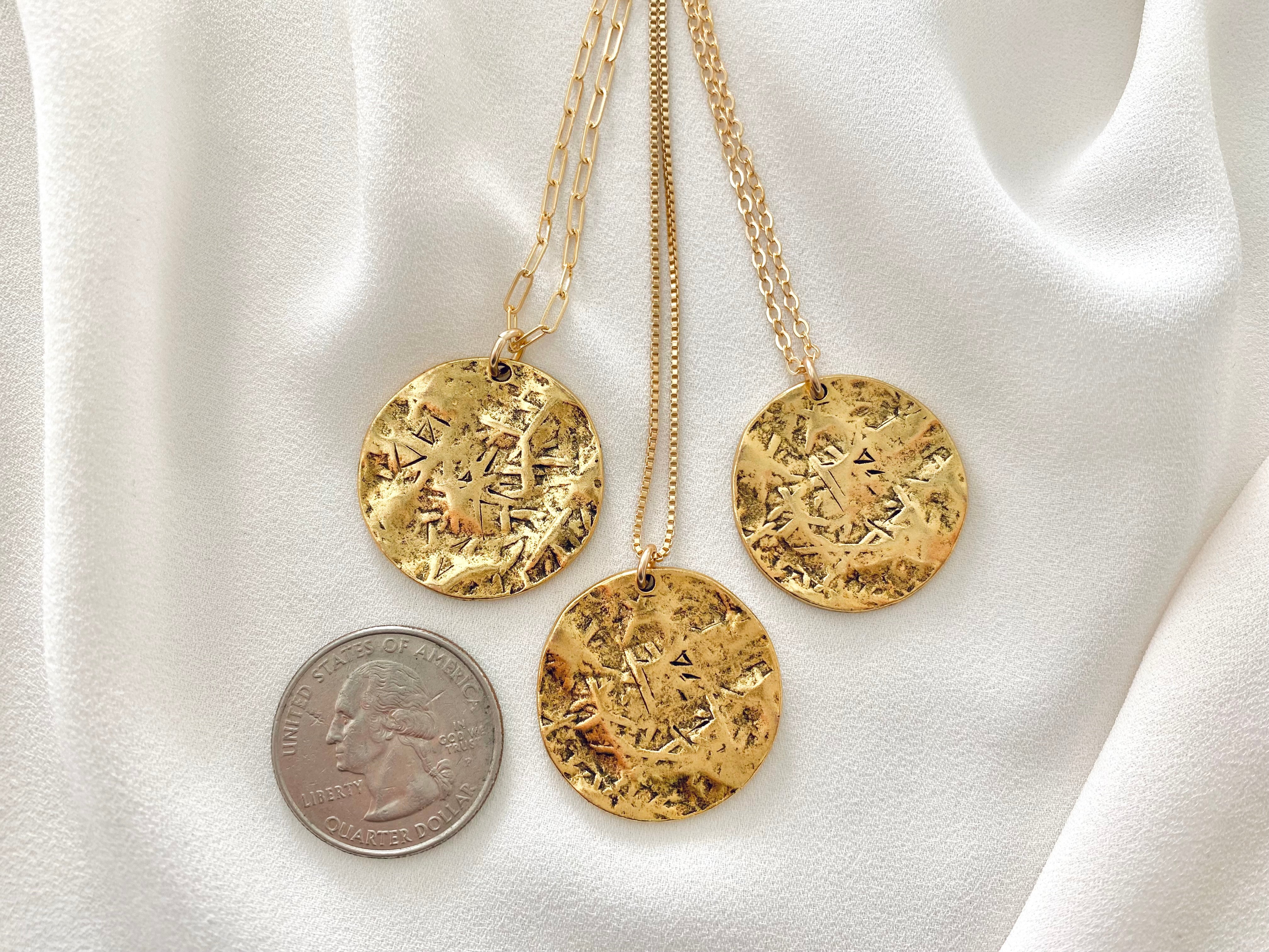 Gold Textured Coin Medallion Necklace - Gold Filled Chain
