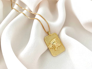 Gold Filled Lioness Rectangle Medallion Necklace