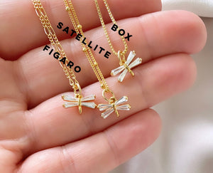 Dainty Dragonfly CZ Pendant Necklace - Gold Filled Figaro Box Satellite Chain