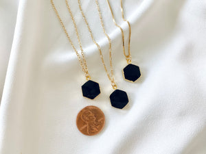 Black Onyx Hexagon Pendant Necklace - Gold Filled Chain