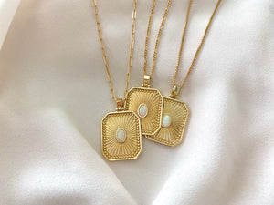 Large Opal Rectangle Medallion Necklace - Gold Filled Octagon Pendant - October Birthstone Jewelry